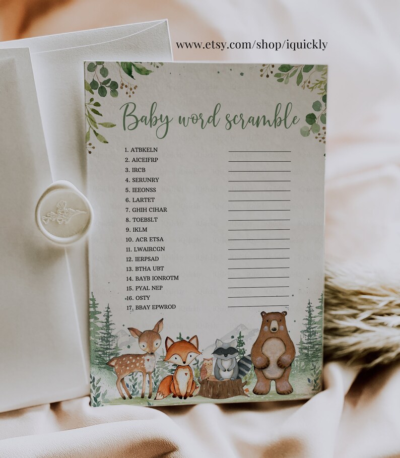 Woodland Baby Shower Games Baby Scramble Gender Neutral Woodland creatures animals Theme Template Instant download image 2