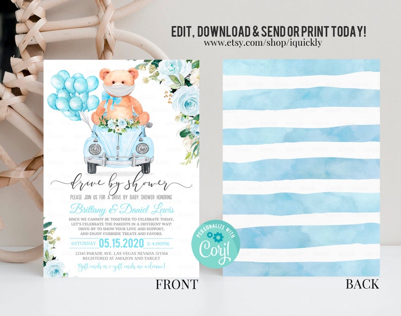 Editable Drive by Baby Shower Invitation Teddy Bear Drive Etsy