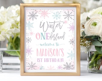 EDITABLE Winter Onederland Welcome sign, Snowflake Birthday Sign Decorations pink blue purple Instant download Template Printable Winter07