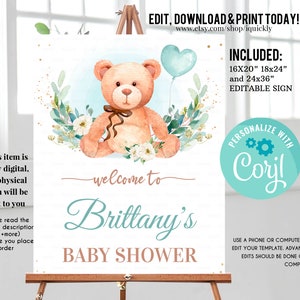 Editable Teddy Bear Baby Shower Welcome Sign, Bear Themed Baby Shower Welcome Sign, Printable Baby Shower Party Sign, Yard sign Download