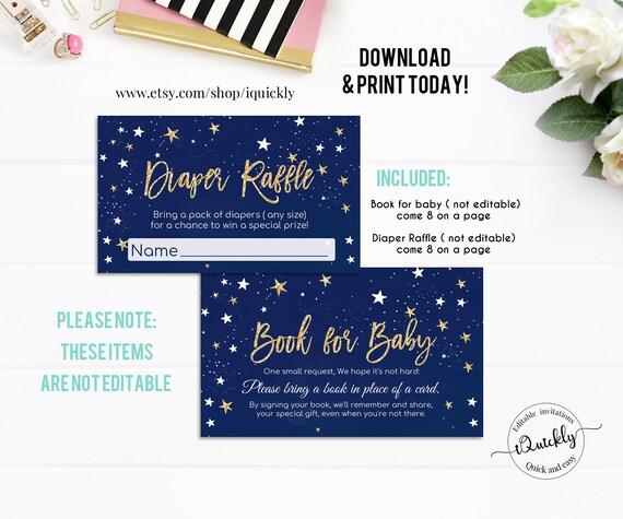 Diaper Raffle and Book for baby Twinkle Twinkle Little Star Baby Shower, Boy Shower bring a book, Navy Gold insert Instant Download Digital Il_570xn
