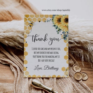 Editable Bee Birthday Thank You Card Honey Bee Sunflower Note Card so ...