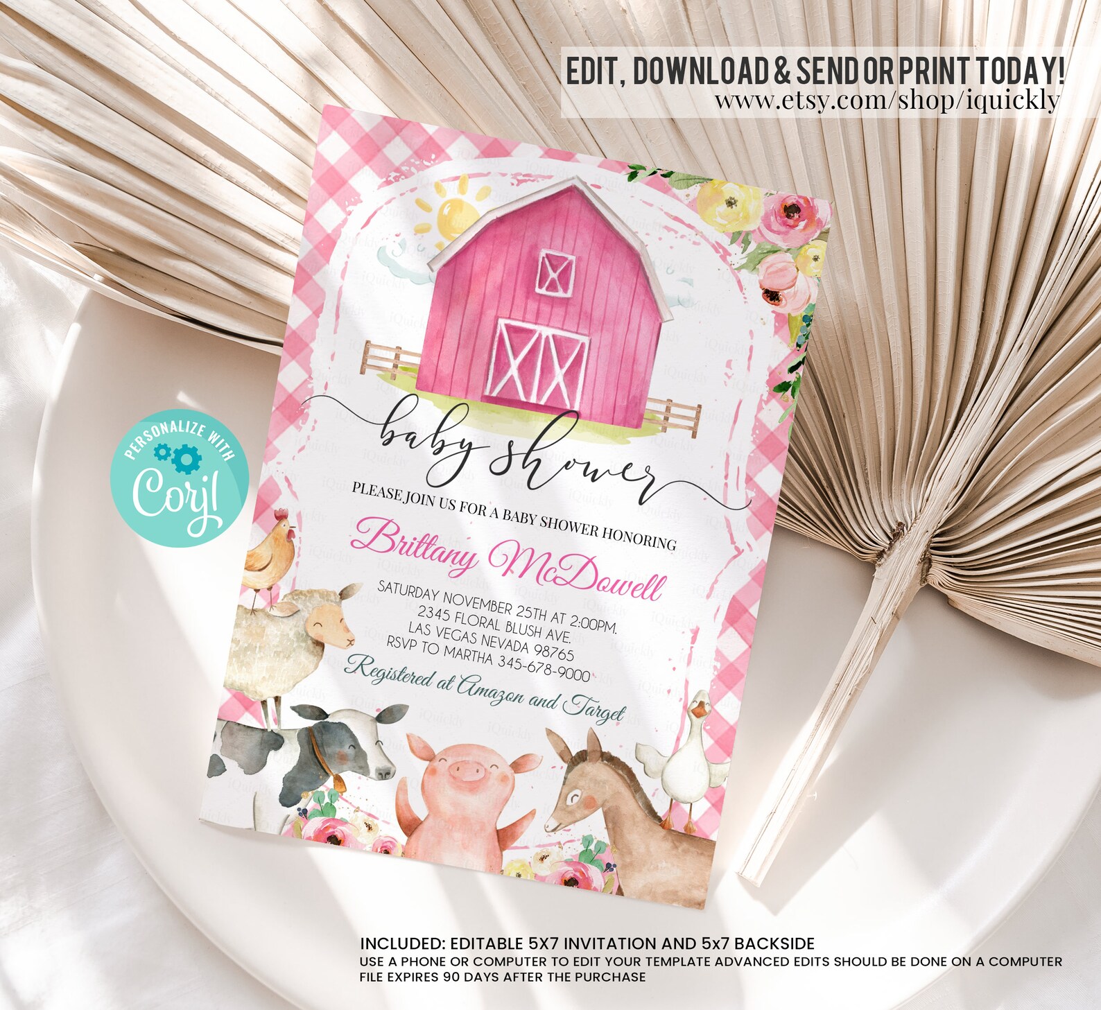 Farm Baby Shower Invitation Girl Editable Pink Farm Animals Etsy
