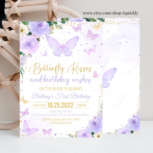 Editable Purple Butterfly Birthday Invitation Girl 1st Birthday Invite First Butterfly Kisses Pastel Printable Template Instant download