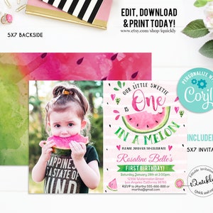 Editable Watermelon Invitation, One in a Melon First Birthday ...