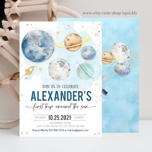 EDITABLE First Trip Around the Sun Outer Space First Birthday Invitation Galaxy Blast Off  Printable Templates Digital Download Corjl