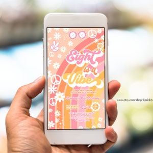 Editable Groovy 8th Birthday Electronic Invitation EDITABLE Eight is a Vibe Daisy Rainbow Hippie Mobile Invite Template Download
