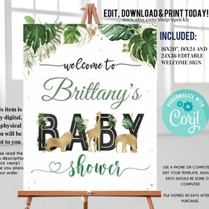 Jungle Gold Baby Shower Welcome sign, EDITABLE Safari Birthday decoration Wild One Elephant Giraffe Instant Download Printable template image 1