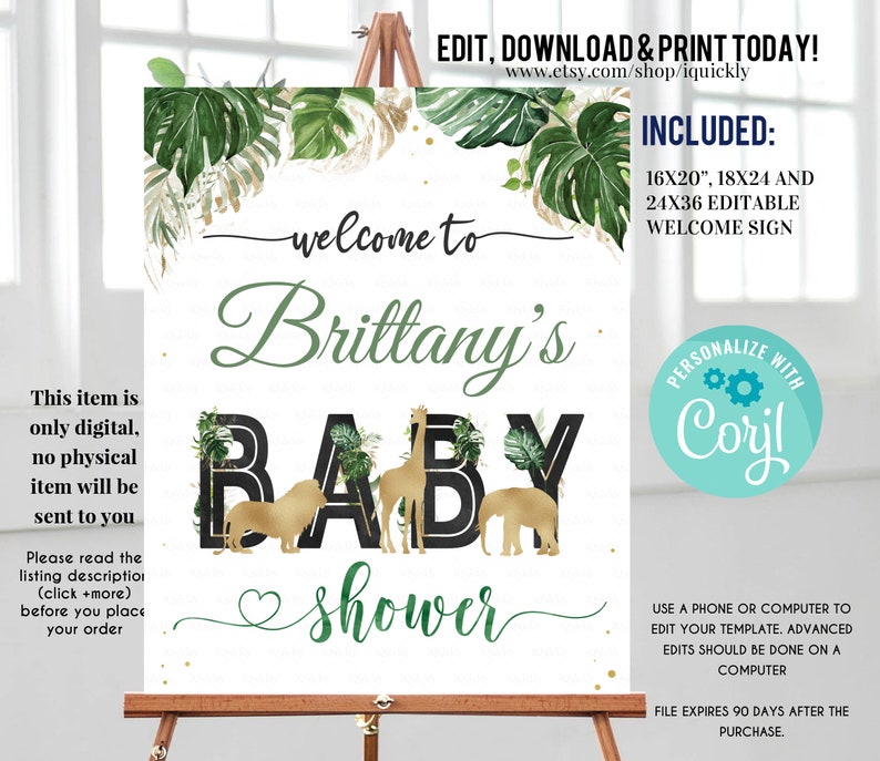 Jungle Gold Baby Shower Welcome sign, EDITABLE Safari Birthday decoration Wild One Elephant Giraffe Instant Download Printable template image 1