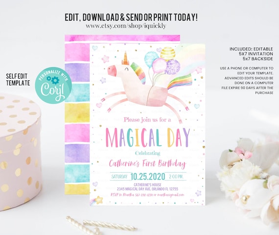 Editable Unicorn Birthday Invitation Magical Party Invite Girl Pink First Birthday Digital Invite Template Reainbow Instant Download Corjl Il_570xn