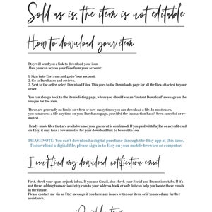 May include: A digital download instruction guide with a pink, yellow, and blue color scheme. The text reads "Instant Download" and "Sold as is, the item is not editable". The guide explains how to download a digital item from Etsy.