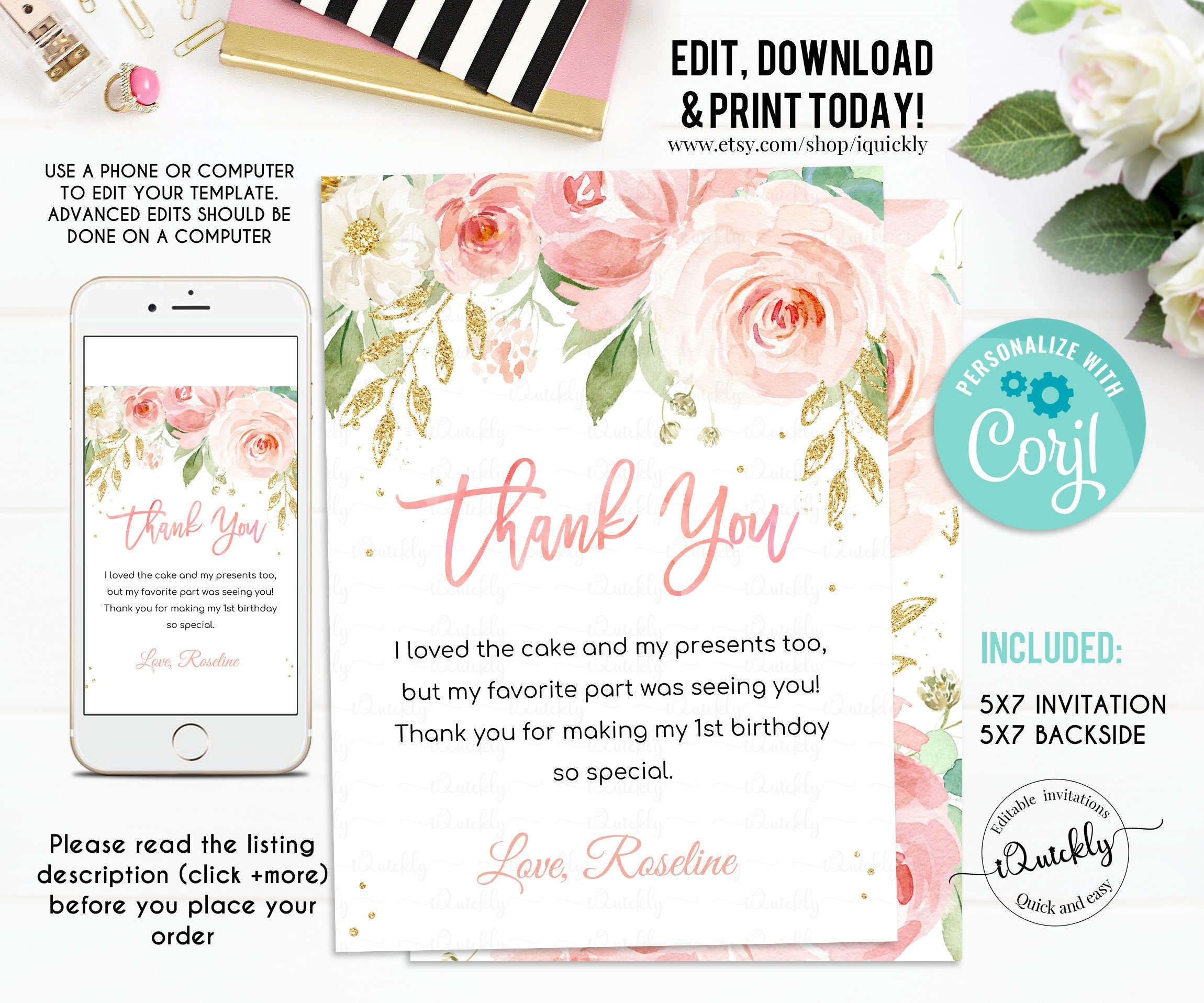 EDITABLE Blush Pink Floral Thank You Card, First Birthday Note Card ...
