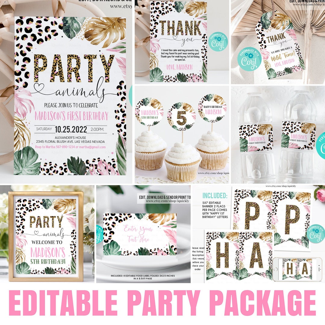 Editable Leopard Print Party Decorations Girl Party Animals Package