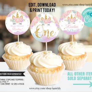 May include: Three printable cupcake toppers featuring a unicorn with a pink and purple floral crown and gold glitter. The toppers say "Happy Birthday Roseline!" and "Roseline is One!" and "One".