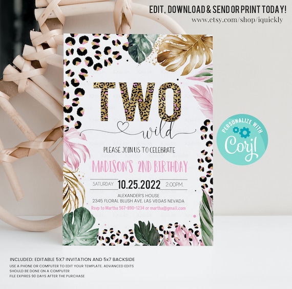 Editable Two Wild Leopard Print Jungle Birthday Party Invitation Leopard Print Invite Born Two Wild Template Digital Instant Download Il_570xn
