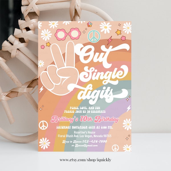 Editable Peace Out Single Digits Birthday invitation Fall Groovy 10th Birthday Invite Daisy Rainbow Printable Instant Download