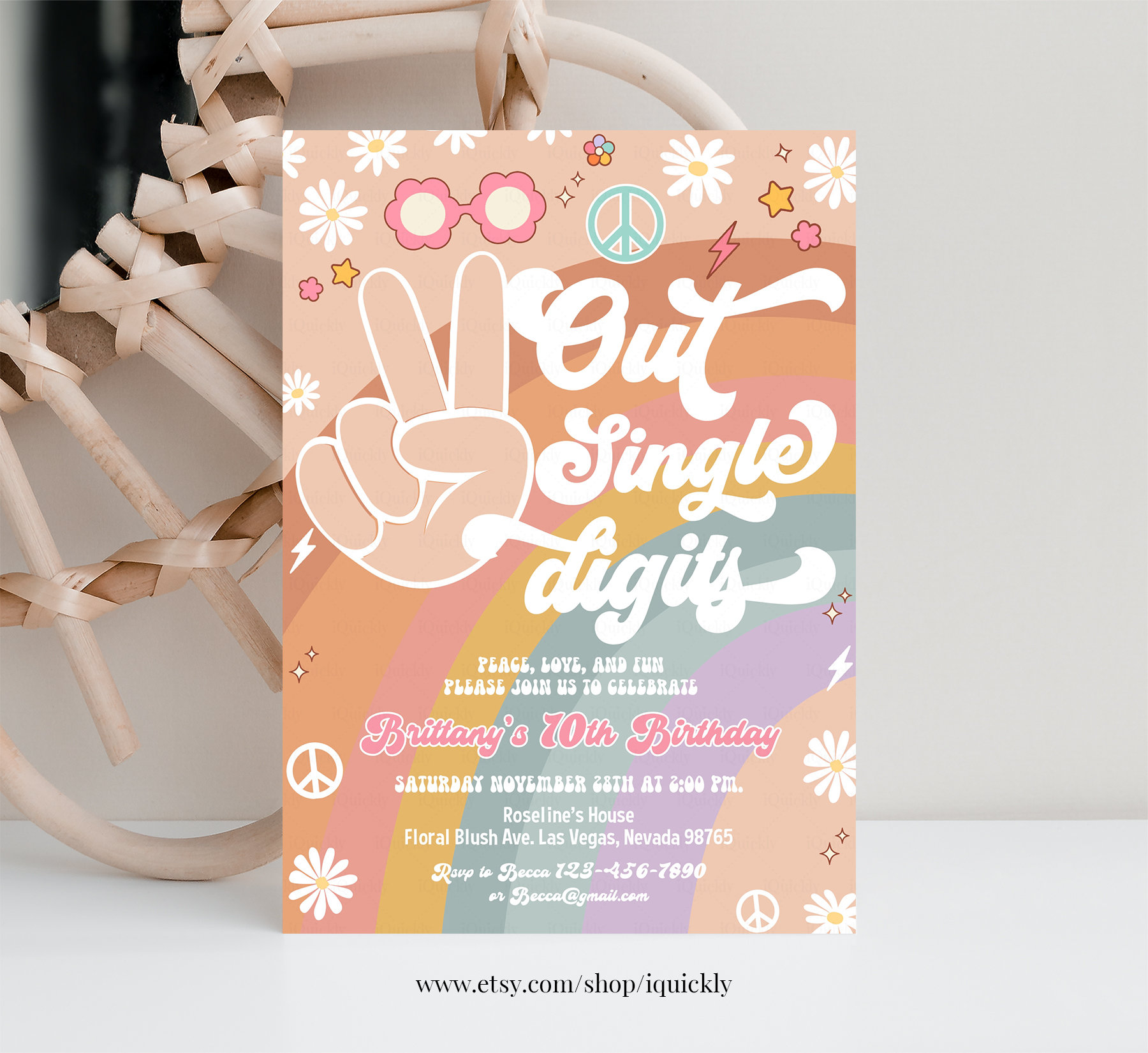 Editable Peace Out Single Digits Birthday invitation Fall Groovy 10th Birthday Invite Daisy Rainbow Printable Instant Download
