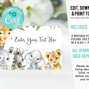 May include: Editable food labels featuring a watercolor illustration of a giraffe, rhino, zebra, elephant, and lion. The labels are folded to 3 x 2.5 inches and are designed to fit on an 8.5 x 11 inch page. The text "Enter Your Text Here" is included on the label.