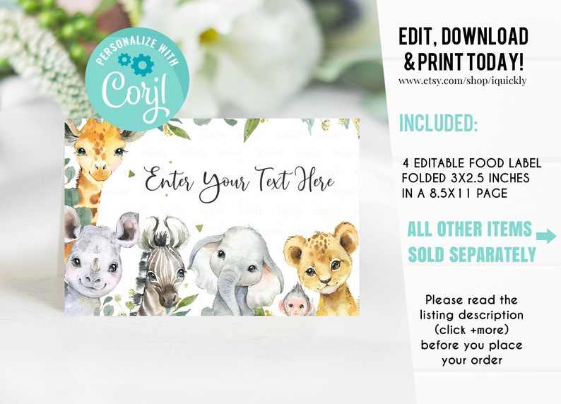 May include: Editable food labels featuring a watercolor illustration of a giraffe, rhino, zebra, elephant, and lion. The labels are folded to 3 x 2.5 inches and are designed to fit on an 8.5 x 11 inch page. The text "Enter Your Text Here" is included on the label.