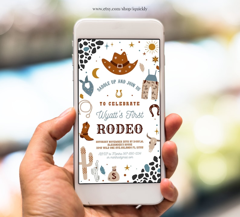 May include: A digital invitation for a rodeo themed first birthday party. The invitation features a cowboy hat, boots, a horseshoe, and a cactus. The text on the invitation reads "Saddle Up and Join Us to Celebrate Wyatt's First Rodeo".