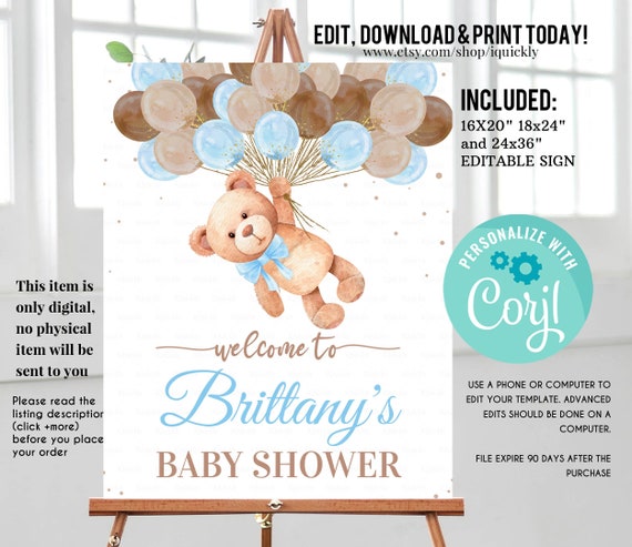 Editable Teddy Bear Baby Shower Welcome Sign, Bear Themed Baby Shower Welcome Sign, Printable Baby Shower Party Sign, Yard sign Download Il_570xn
