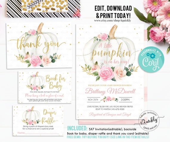 Editable Pumpkin Baby Shower Invitation Set, Pink and gold Little pumpkin invitations Package White Pumpkin Bundle Pack Instant download Il_570xn