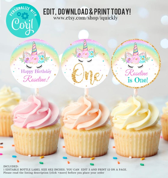 EDITABLE Unicorn Cupcake Toppers Unicorn Circle Decoration Etsy UK