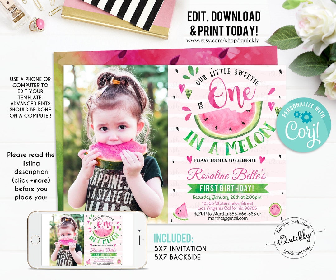 Editable Watermelon Invitation, One in a Melon First Birthday ...