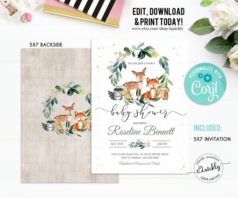 Woodland Baby Shower Favor tags EDITABLE, Gender Neutral, woodland animals Thank you tags, Gift tags Woodland Theme Invites Instant download image 2