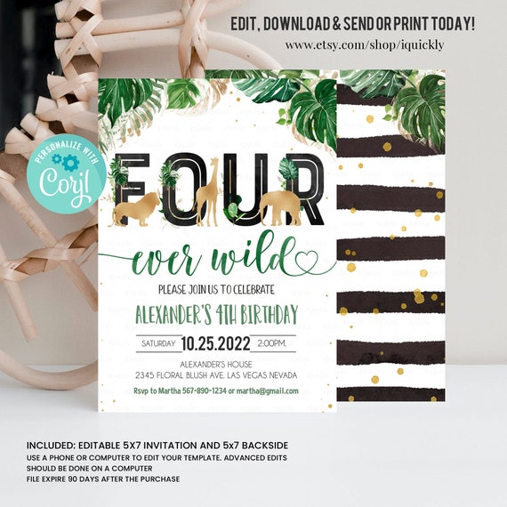 EDITABLE Jungle gold Birthday Invitation, Four ever wild Birthday Invite, Safari Animals invitations, Printable template Instant Download Il_570xn