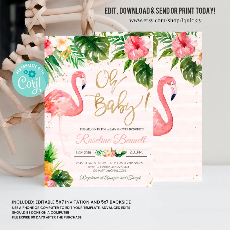 May include: Pink flamingo baby shower invitation with gold glitter text that says "Oh Baby!" and a pink and white striped background. The invitation includes the name "Roseline Bennett" and the date "Nov 25th".