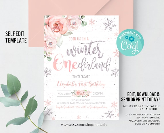 Editable WINTER ONEderland Birthday Invitation Pink and Silver Winter ONEderland Invitation Floral Snowflake Winter Party Instant Download Il_570xn