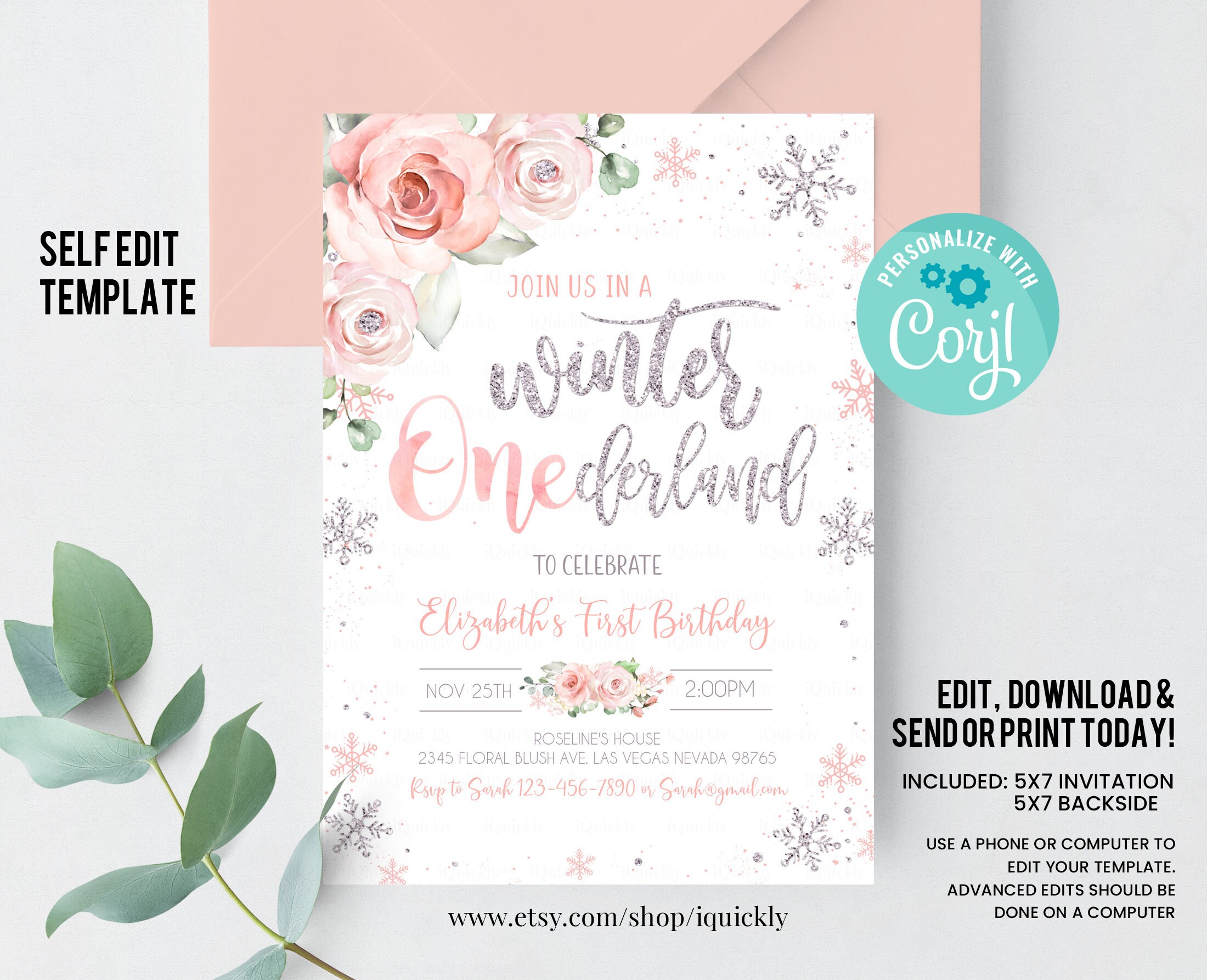 Editable WINTER Onederland Birthday Invitation Pink And Silver Etsy