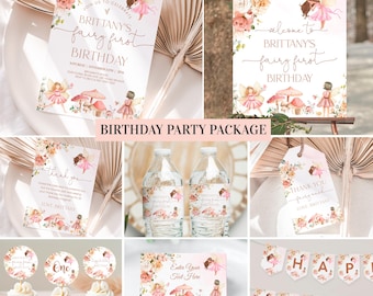 Paquete de invitaciones para el primer cumpleaños de hadas, paquete de decoraciones para la primera fiesta de hadas, conjunto de decoración de jardín, plantilla imprimible digital FA201