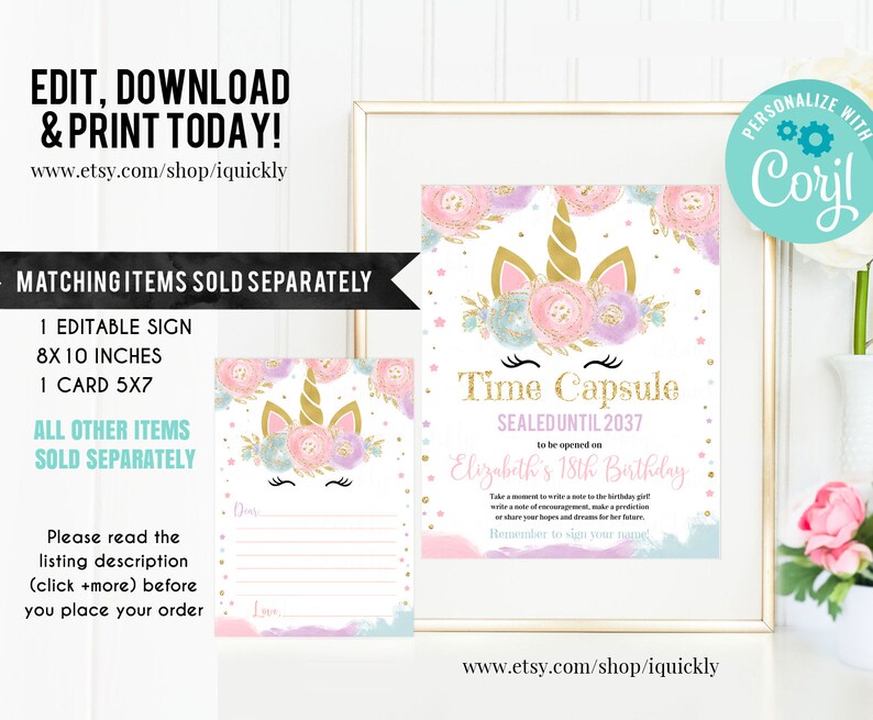 May include: A printable time capsule sign featuring a unicorn and floral design. The sign reads "Time Capsule Sealed Until 2037 to be opened on Elizabeth's 18th Birthday".