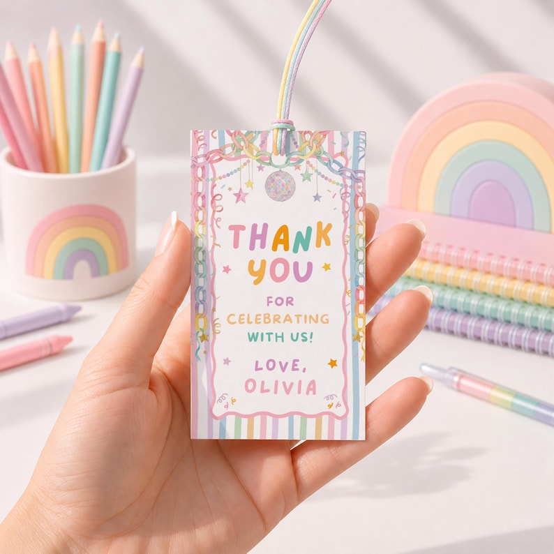 May include: A rectangular paper gift tag with a pastel rainbow border and confetti design. The text reads: THANK YOU FOR CELEBRATING WITH US! LOVE, OLIVIA. The tag features a small hole at the top with a thin, multicolored elastic string attached.