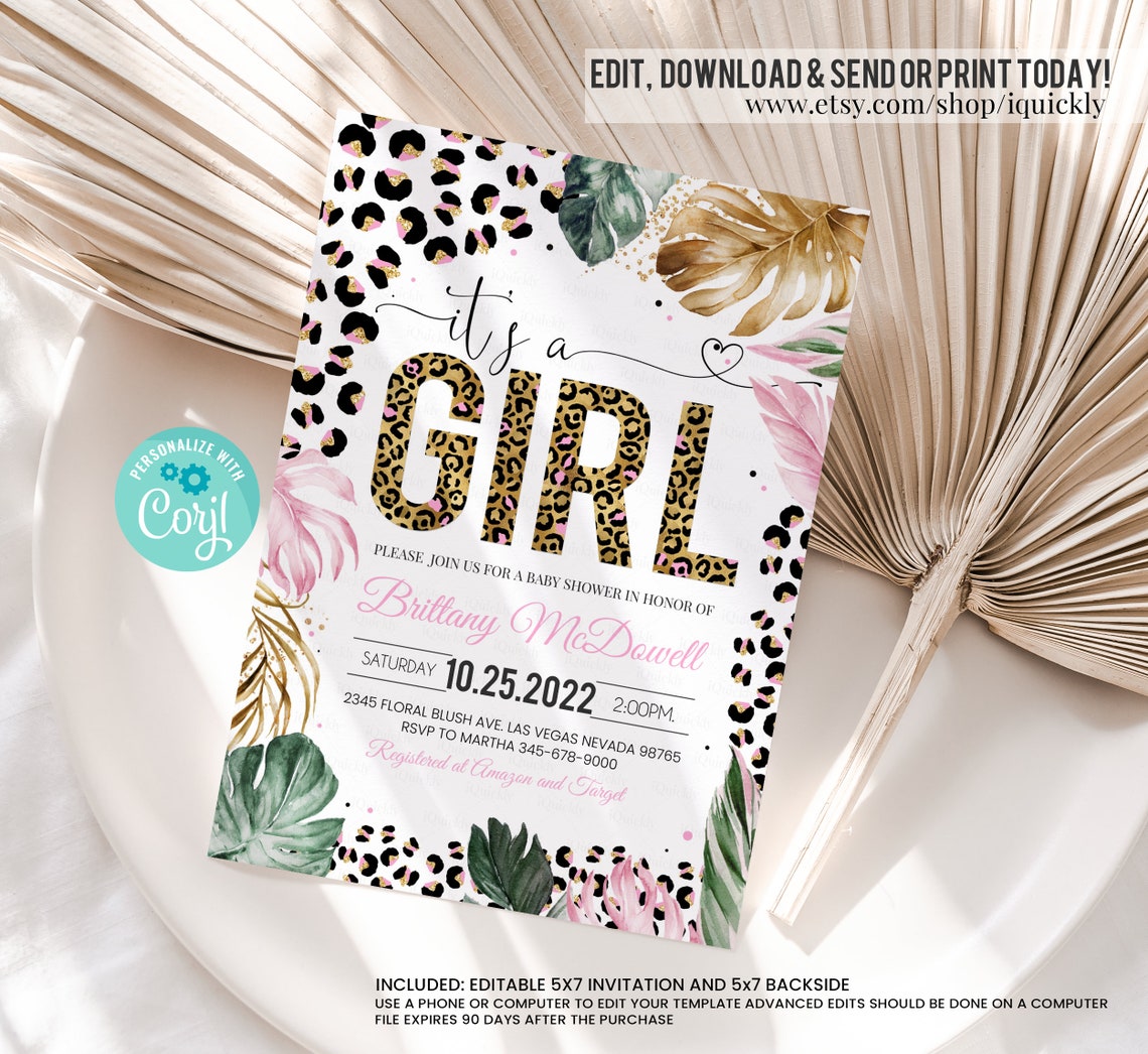 Editable Leopard Print Baby Shower Invitation Its a Girl Baby Etsy
