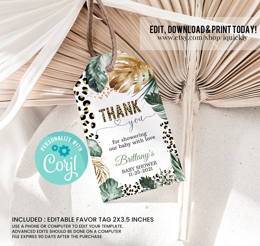 Editable Leopard Print Baby Shower Favors, Safari Shower Thank You Tags