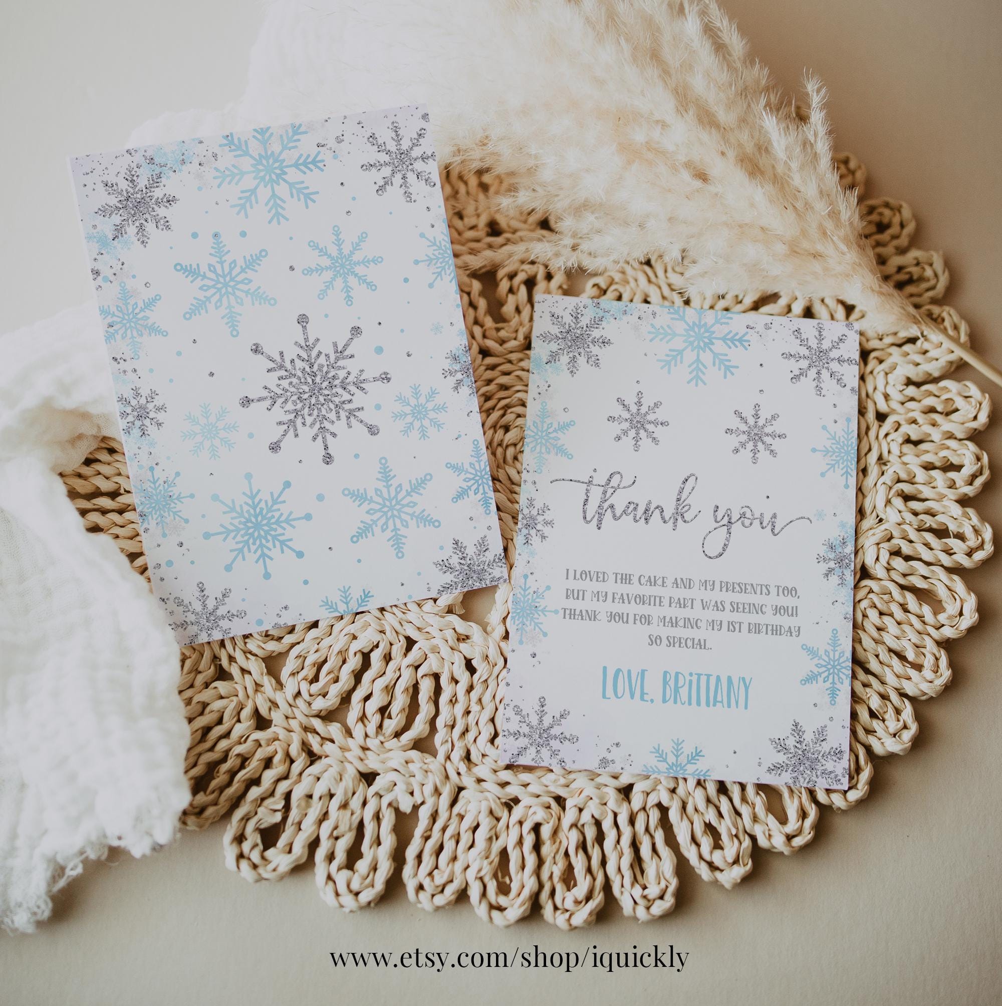 Editable Winter Onederland Thank You Card Boy Snowflake First Birthday ...