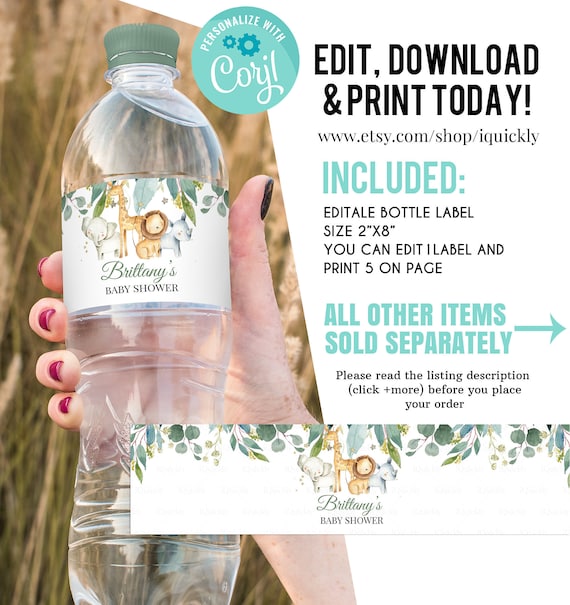 Safari Baby Shower Bottle Label, EDITABLE Boy Jungle animals Water bottle labels, Digital, A wild one Theme Instant download template Il_570xn
