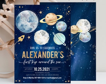 EDITABLE First Trip Around the Sun Outer Space First Birthday Invitation Galaxy Blast Off  Printable Templates Digital Download Corjl FT102