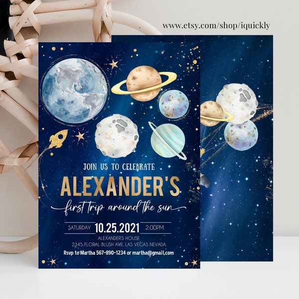 EDITABLE First Trip Around the Sun Outer Space First Birthday Invitation Galaxy Blast Off  Printable Templates Digital Download Corjl FT102