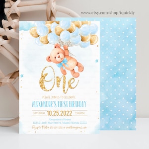 Editable Teddy Bear Birthday Invitation Bear Themed Invite,1st Birthday Bear with Balloons Invitations  template digital Instant download