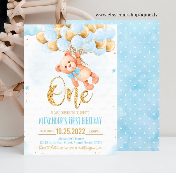 Editable Teddy Bear Birthday Invitation Bear Themed Invite,1st Birthday Bear with Balloons Invitations template digital Instant download Il_570xn