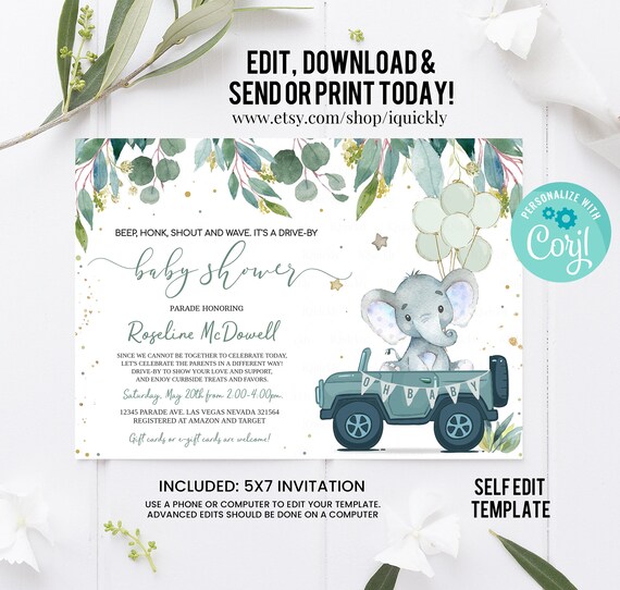 Editable Drive By Baby Shower Invitation Elephant Gender Neutral Drive