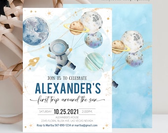 EDITIERBARE Erste Reise um die Sonne, Weltraum, Einladung zum ersten Geburtstag, Galaxy Blast Off, druckbare Vorlagen, digitaler Download, Corjl