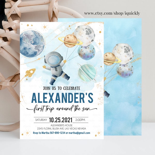 EDITABLE First Trip Around the Sun Outer Space First Birthday Invitation Galaxy Blast Off  Printable Templates Digital Download Corjl