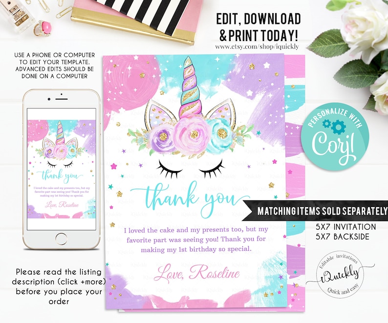 EDITABLE Unicorn Banner, Happy Birthday Banner, Printable 1st Birthday buting banner, Baby Shower Template, Boho Girl, Instant download image 4