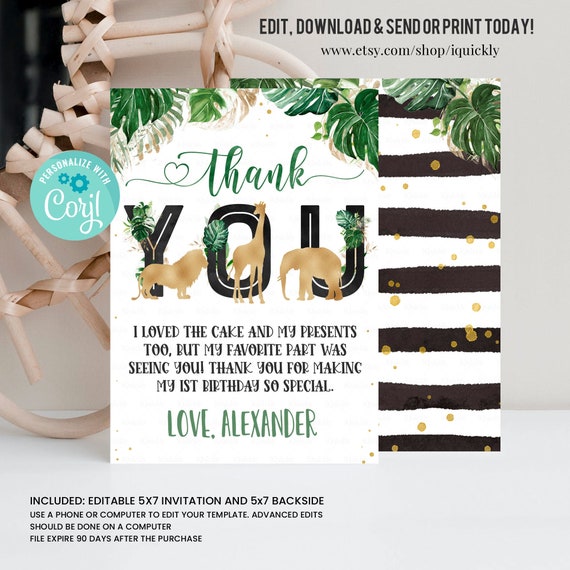 EDITABLE Safari Thank you card, Gold Jungle Birthday Thank you note, Wild One Note, Jungle WILD One Animal, Printable, Instant download Il_570xn