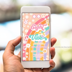 Editable Groovy 8th Birthday Electronic Invitation EDITABLE Eight is a Vibe Daisy Rainbow Hippie Mobile Invite Template Download